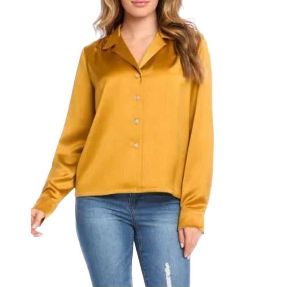 V - Karen Kane Satin Long Sleeve Button Down Blouse Colir Gold